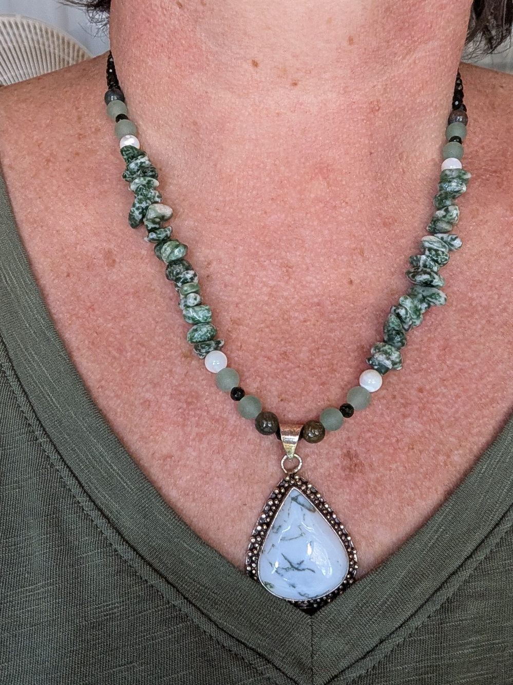 Green Jasper Beaded Pendant Necklace - Unbranded